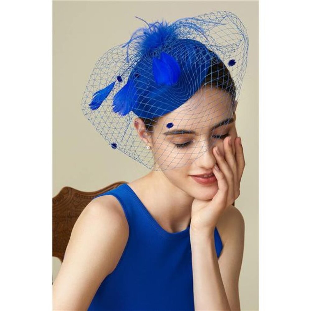 Hat Veil Feather Fascinators Hair Clip Blue - Picture 4 of 5